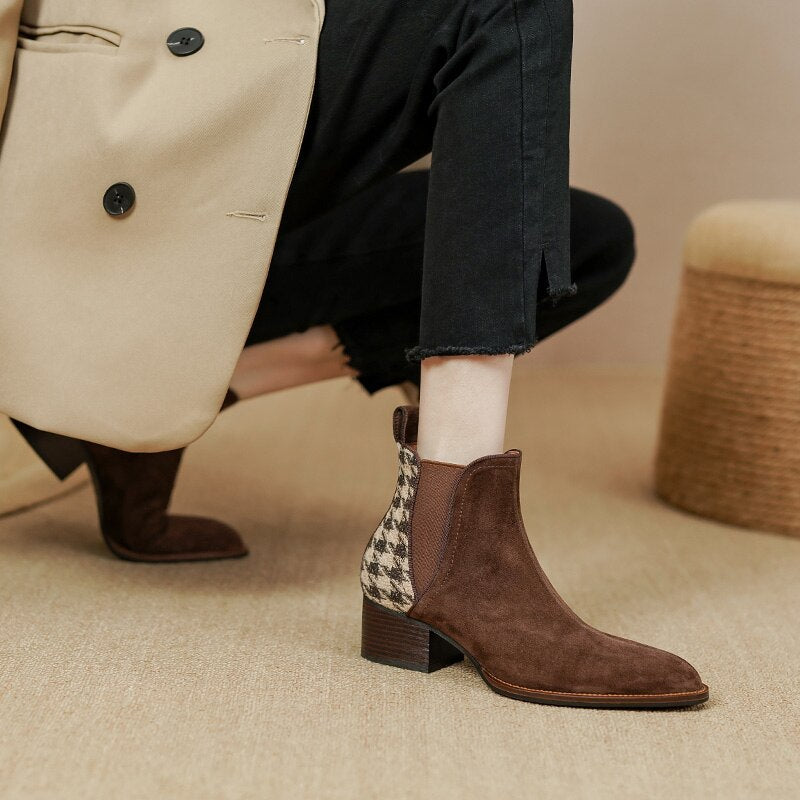 Lancaster Bota Feminina Xadrez de Couro Suede - Marrom