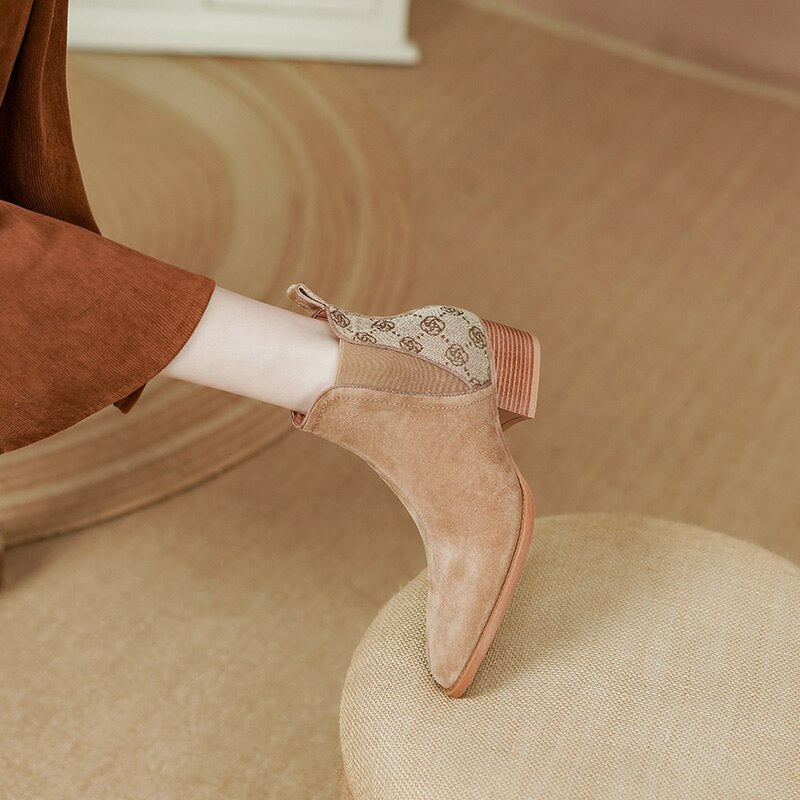 Lancaster Bota Feminina Xadrez de Couro Suede - Cáqui