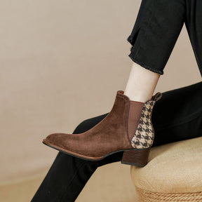 Lancaster Bota Feminina Xadrez de Couro Suede- Marrom