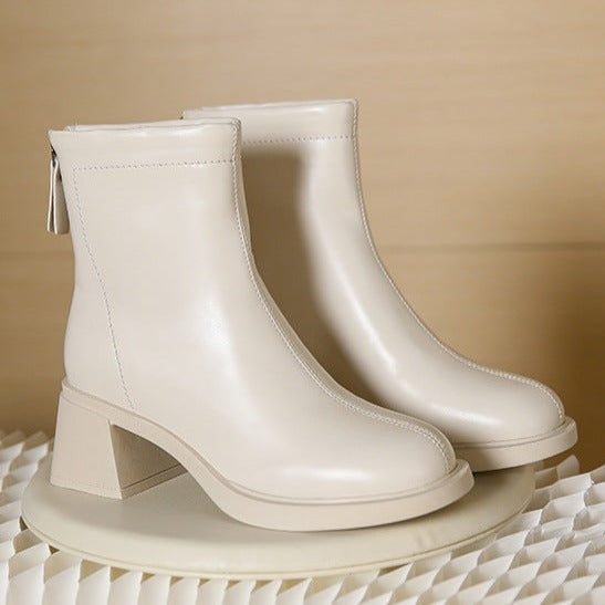 Vancouver Bota Feminina Cano Curto de Salto Quadrado com Zíper - Branco